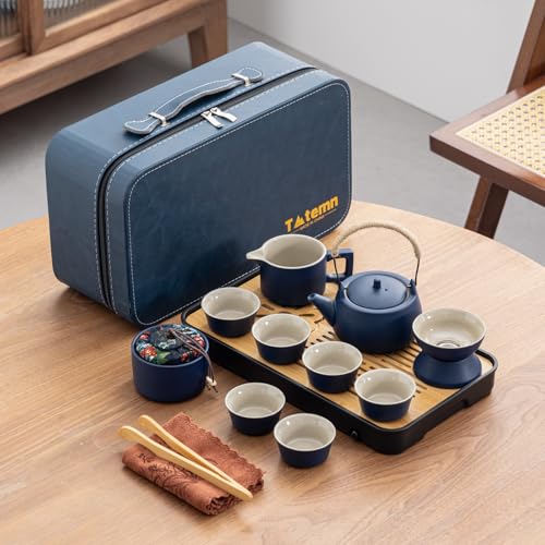Travel tea set,Portable ceramic tea set,Chinese tea set,Tea sets for adults,Tea pot sets,Portable Travel Bag,Home,Gifting,Outdoor and Office,?? (Blue)