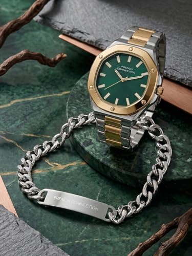 Image of French Connection DUOLUXE Green Dial Stainless Steel Watch and Bracelet for Men - FCB22NTM