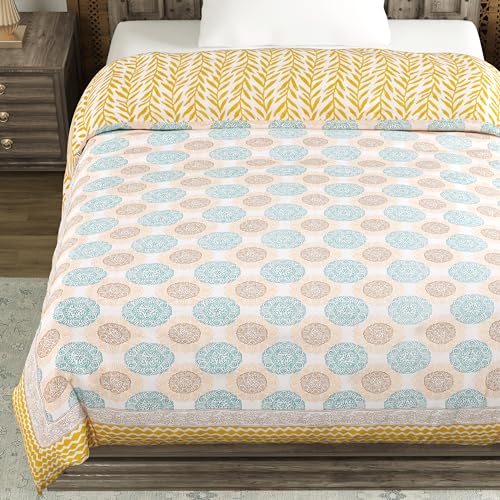 Image of BLOCKS OF INDIA Cotton Single Size Quilt Hand Block Print for Light Winters (60X90 Inches) (Green Chakri, 300 Tc)