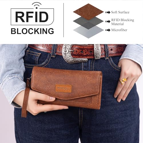 Montana West X Wrangler Brown Wallet Women Rfid Large Wristlet Trifold Women's Wallets Card Cases & Money Organizers with Detachable Wrist Strap3