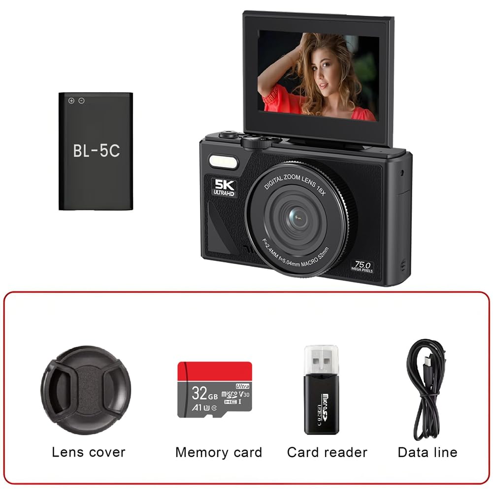 Fotocamera Digitale da 75 MP, Video 5K, Zoom 18X, Registratore Vlog Vintage, Schermo Girevole A 180°, Wi-Fi - Ideale per I Creatori di Contenuti