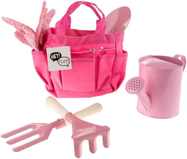 Hey! Play! Kid’s Garden Tool Set with Child Safe Shovel, Rake, Fork, Gloves, Watering Can and Canvas Tote- Mini Gardening Kit for Boys and Girls , Pink 4 x 7 x 6 inches