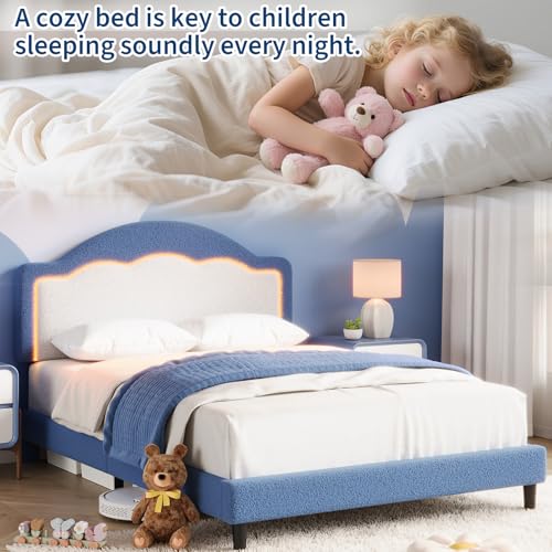 Image of GarveeHome Bed Frame with LED Headboard for Kids, Sherpa Upholstered Platform Bed Frame with Wood Slat Support, No Box Spring Required, Easy to Assemble (Blue, Twin)