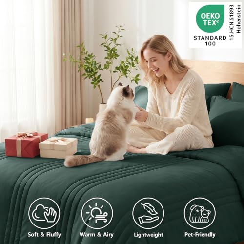Image of CozyLux Full Size Comforter Sets Forest Green - 7 Pieces Bed in a Bag, Modern Vertical Quilted Room Decor, Soft All-Season Bedding Gift with Comforter, Sheets, Pillowcases & Shams