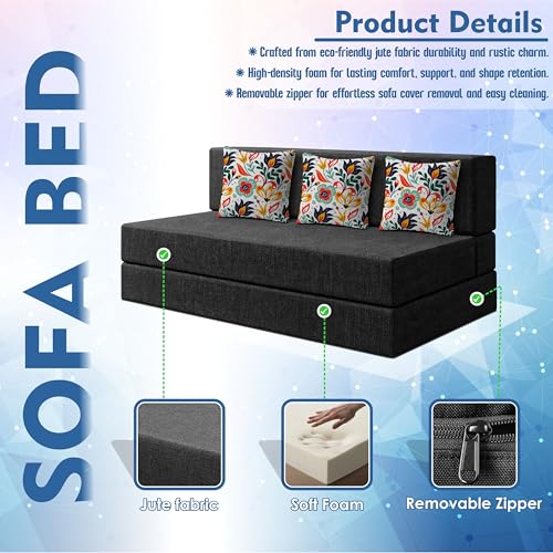 Image of Los Angeles Foldable Three Seater Sofa Cum Bed, Sofa Bed 5 X 6 Feet Jute Fabric Washable Cover Including 3 Cushion Perfect for Living Room - Black Color