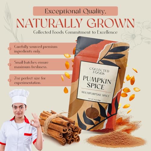 Collected Foods Premium Pumpkin Spice Blend - Non-GMO Fall Seasoning Containing Ground Cinnamon, Nutmeg, Ginger, Cloves and Allspice - Perfect for Baking, Pies, Cooking, Coffee, Desserts and more, 2oz