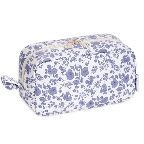 Image of Narwey Cute Makeup Bag Small Toiletry Bag Travel Cosmetic Bag Organizer Make Up Bags with Organized Pockets for Women (Little Grayish Blue Flower, Large)
