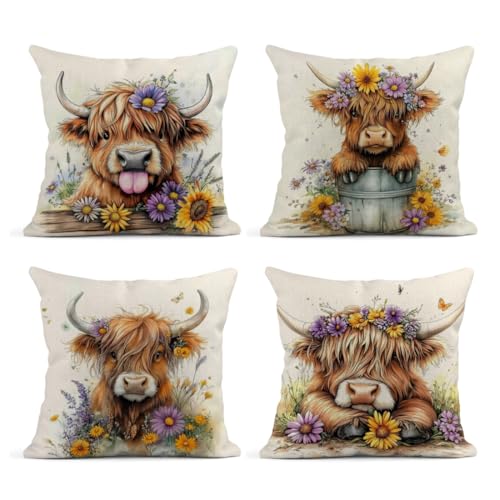 Aowced Highland Cow Throw Pillow Covers Set of...