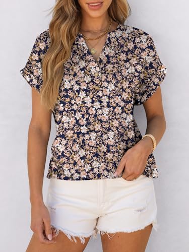Image of ANRABESS Womens Short Sleeve Henley Tops V Neck Dressy Casual Blouses Summer Trendy Tee Shirts 2026 Vacation Fashion Clothes