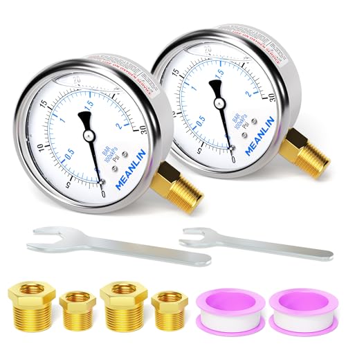 MEANLIN MEASURE 0~30Psi Stainless Steel 1/4" NPT 2.5" FACE DIAL,Liquid Filled Pressure Gauge,WOG Water Oil Air Lower Mount (Pack of 2), with 1/2" NPT and 3/8" NPT Hex Bushing