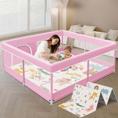 Image of XVISHX Baby Playpen with Mat, 50 x 50 Inch Playpen for Babies and Toddlers, Baby Playard for Indoor & Outdoor Active Center Game Fence, with Skin-Friendly Fabric and Soft Breathable Mesh, Pink