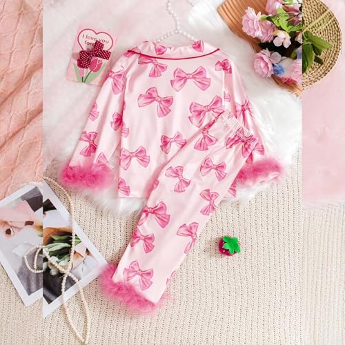 Satin Silk 𝐏ajamas Set for Kids Girls Bowknot Button Long Sleeve Lightweight 𝗦leepwear Elastic Waist Pants Set2