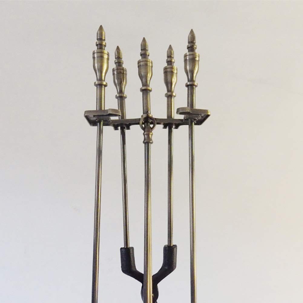 5-teiliges Kaminbesteck-Set mit goldenem Griff, großes Brennholz-Besteck-Set aus Schmiedeeisen für den Innen- und Außenbereich, inkl. Besen, Schaufel, Schürhaken, Zange, Feuerstellen-Zubehör