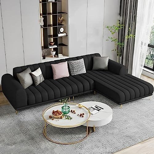 GRAPEWOOD Derrick RHS 4 Seater L Shape Sofa Set for Living Room (Black) Premium Leathertte Fabric Sofa