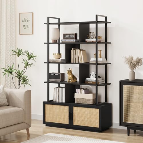 IDEALHOUSE 5 Tier Rattan Bookshelf with Storage Cabinet & Door, 71.1 Inch Tall Industrial Book Shelf with Open Display Shelves, 5 Shelf Bookcase with Metal Frame for Living Room, Bedroom -Black