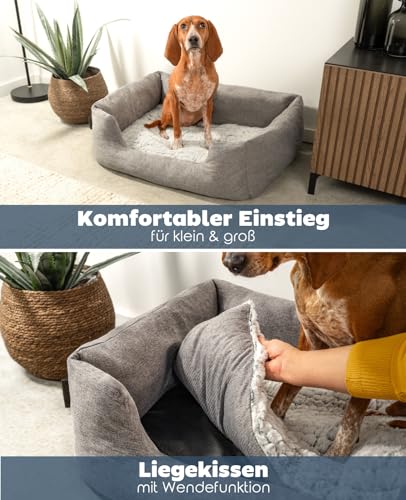 lionto Hundekörbchen mit flauschigem Wendekissen, kuscheliges Heimtierbett in meliertem Design mit tiefem Einstieg für Hunde & Katzen Aller Größen, 80x60 cm, weiches Hundebett, grau