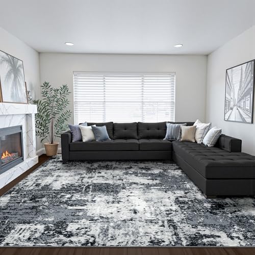 Washable Area Rugs 9'x12' Non-Slip Modern Abstract Soft for Living Room Entryway Bedroom Nursery, Print Pattern, Black Gray
