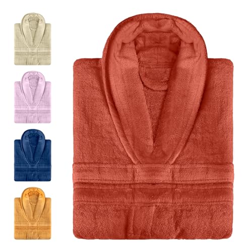 DECASATEXTIL - Albornoz Unisex – Albornoz de Ducha para Mujer y Hombre - 100% Algodón – 500gr – Exterior Terciopelado - Bolsillos y Cinturón - Bata de Baño - Albornoz de RizO (XL, TEJA)