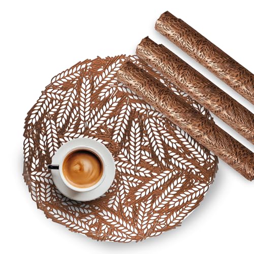 Image of Kuber Industries 4 Pcs Set Leather Round Side Table Mats | Washable Placemat /Dining Table Mat for Wedding and Family Functions | Leaf Design - Copper