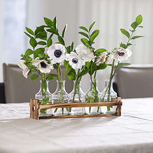 Glass Flower Vase With Wooden Holder, & 5 Bud Vases For Flowers, Set For Home Décor, Wedding Decorations, Table Décor, Kitchen, Bathroom, Bedroom, Shelf Décor - Modern Vase For Flower Arrangement. #TOP4