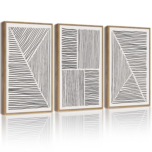 Drsoum Mid-Century Modern Framed Wall Art Minimalist Abstract Boho Black Line Wall Decor Geometric Artwork Kitchen Dining Room 11x14in Natural Framed