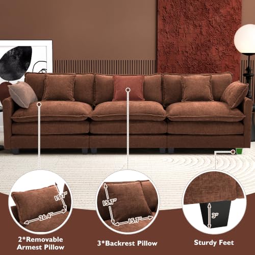 Image of Ihanherry 111.4 Inch 3-Seater Cloud Sofa, Modular Sectional Couch, Modern Deep Seat Sofa for Living Room, Comfy Double Layer Upholstered Seat Cushion, Breathable Chenille Fabric, Brick Red