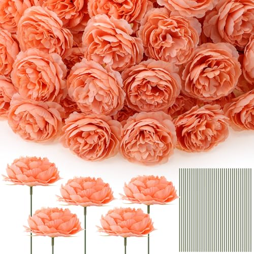 Thiccywoov 100 Pcs Flowers Long Stem Artificial Rose 3.2 Inches Silk Rose Head Flowers Fake for Wedding Bridal Bouquet Independence Day Home Floral DIY Centerpieces Party Decoration (Peach)