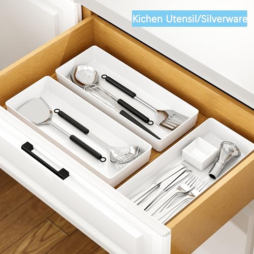 Image of ihomecooker 3 Pack White Large Size Plastic Drawer Organizer Tray Cutlery Utensil Makeups Drawer Organizers 15 inch X 6 inch