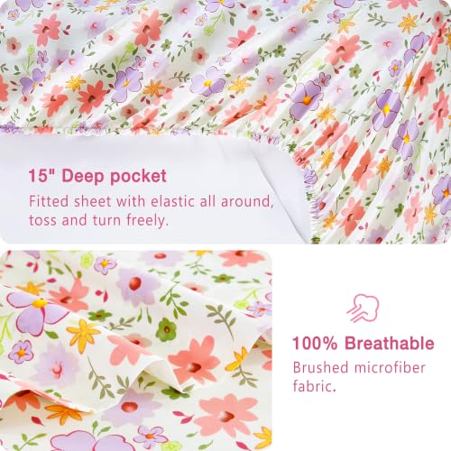 Image of Viviland Floral Queen Sheet Set - 4 Piece Cozy Pink and Purple Small Flower Patterned Bed Sheets - Soft, Breathable Microfiber Sheets with Deep Pocket, Non-Slip Fitted Sheets & Pillowcases