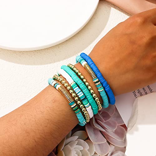 Dimishin Heishi Bracelet For Women Clay Bead Bracelet Stackable Beaded Stretch Bracelet Elastic Layered Colorful Beaded Bracelet Set (Blue 7Pc) #TOP2