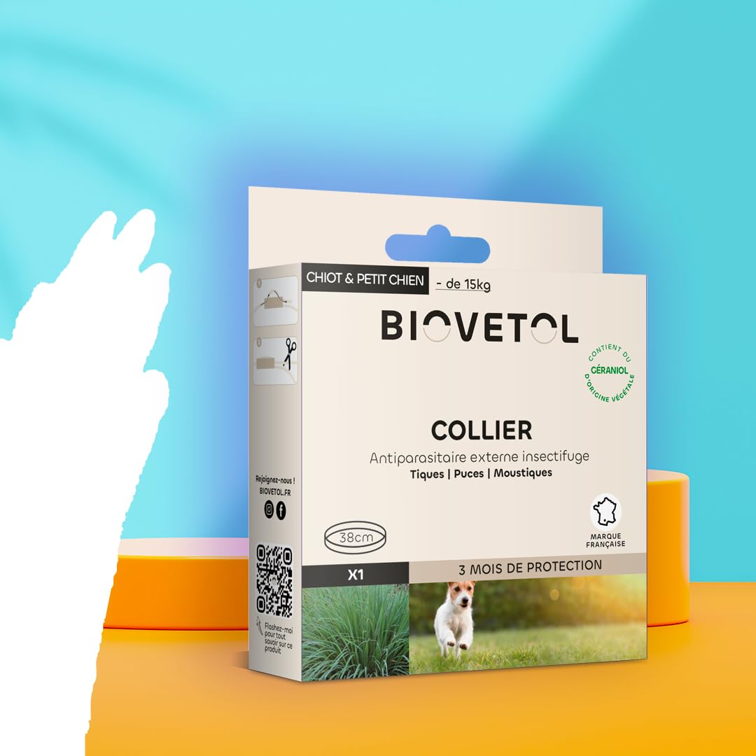 Biovetol - Collier Anti puces pour Chien Naturels d'origine Végétale- Protection 3 Mois- Réglables et Imperméables pour Moyens et Grands Chiens (+15kg) - 75cm