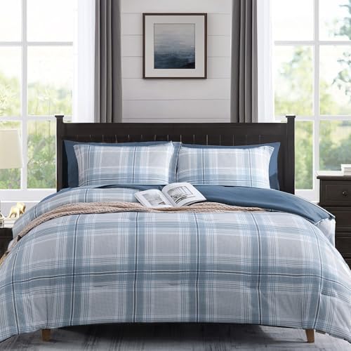 Image of MaiReve Plaid Queen Comforter Sets, Light Blue Grid Farmhouse Bedding Set Bed in A Bag, Classic Checkered Comforter Sets with Fitted & Flat Sheet, Pillowcases & Shams(Light Blue, 90 inchx90 inch)