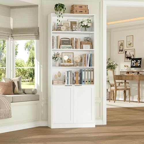 FACBOTALL 73.5" Tall Bookcase and Book Shelf, Deep Bookshelf with Doors, 6 Tier Bookcase with Storage, Open and Display Bookshelf Organizer for Living Room, Home Office, White