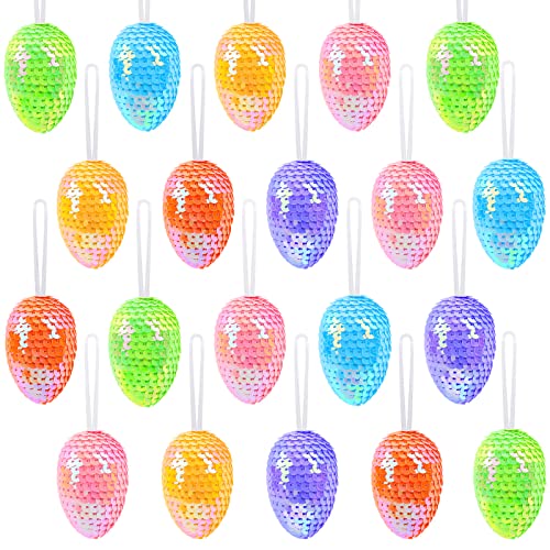 ADXCO 20 piezas de huevos colgantes de Pascua de espuma multicolor huevos de Pascua con lentejuelas, árbol de huevo, adornos colgantes para suministros de fiesta de Pascua, 6 colores Cover