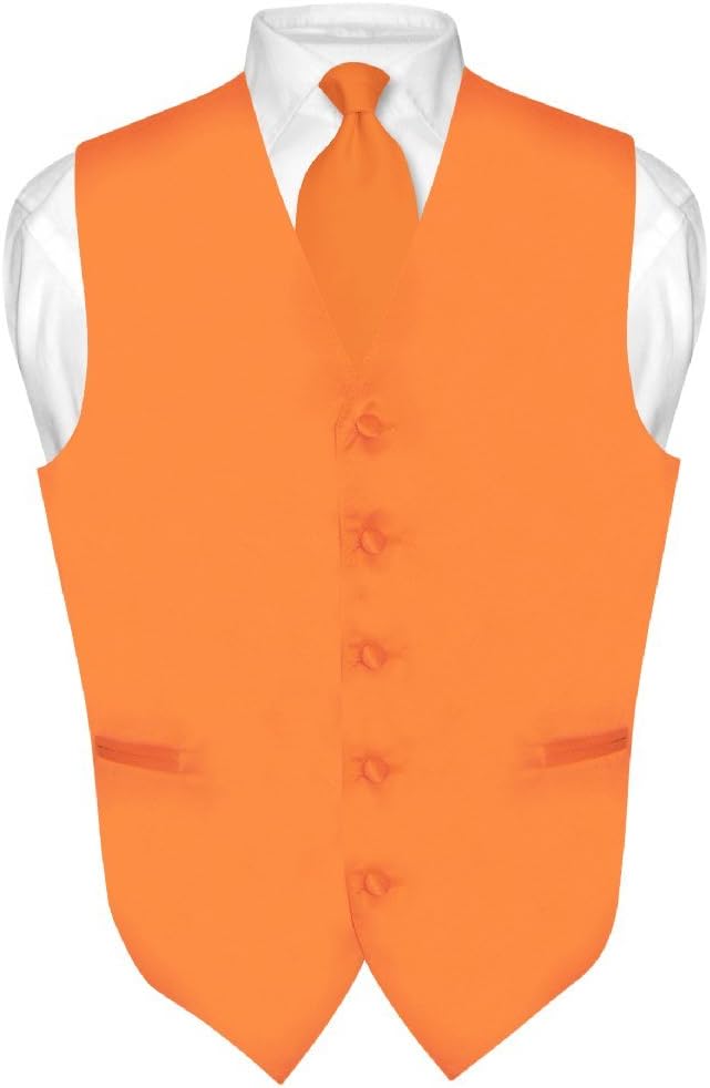 Vesuvio Napoli Men's Dress Vest & NeckTie Solid ORANGE Color Neck Tie Set for Suit or Tuxedo