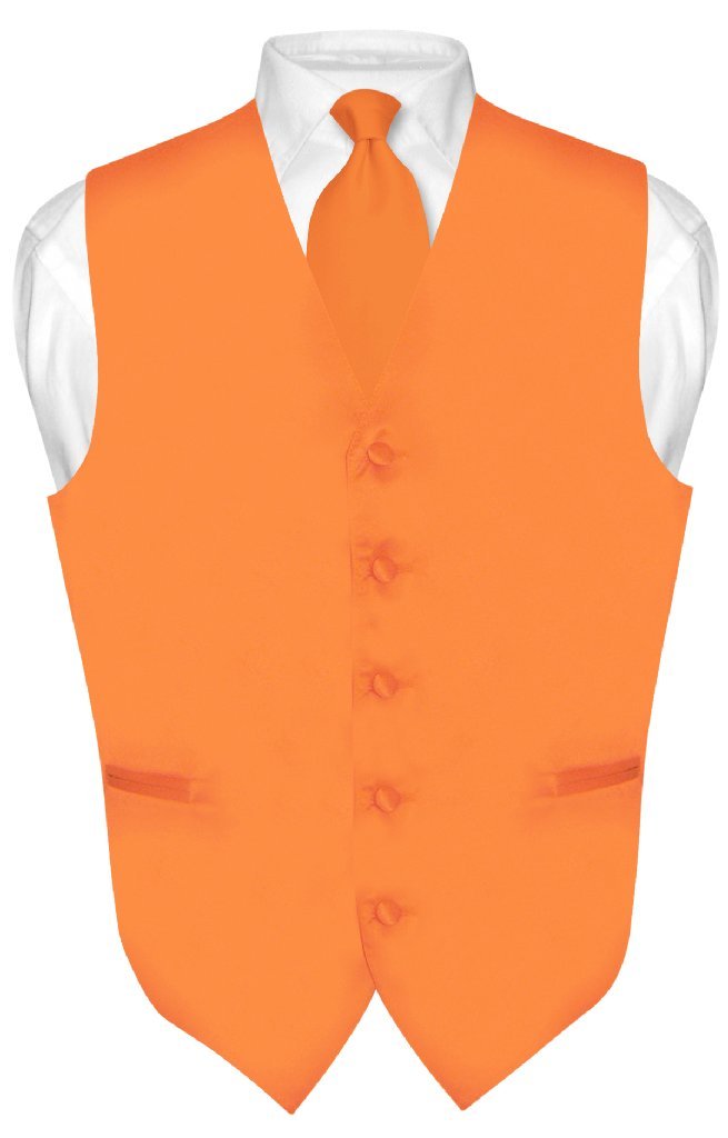Men's Dress Vest & Necktie Solid Orange Color Neck Tie Set for Suit Tux sz 2XL-image-33