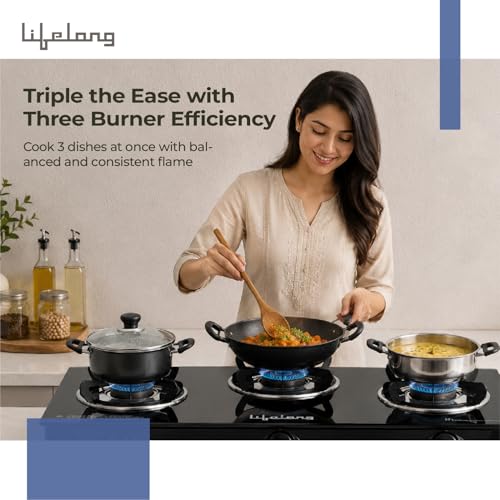 Image of Lifelong 3 Burner Gas Stove with Gas Lighter | Modern Glass Stove with 6mm Toughened Glass | High-Efficient Manual Ignition Cooktop | ISI Certified & LPG Compatible | 360 Flexible Gas Inlet (Black)