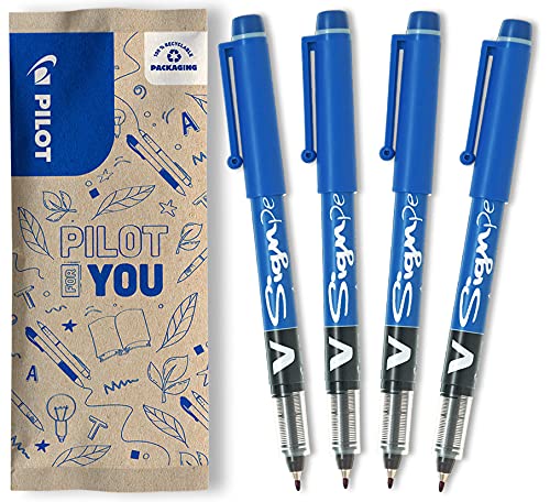 PILOT - Caja de 4 rotuladores V-Sign - Rotuladores para escribir de tinta líquida - Trazo suave perfecto - Secado instantáneo - Color intenso - Azul - Punta Media de 2,0 mm