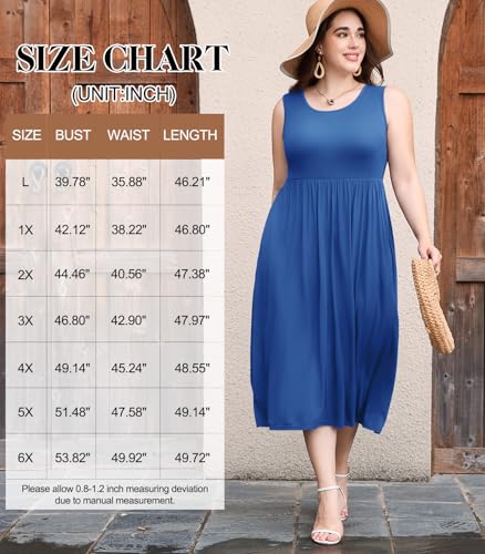 Image of LARACE Women's Plus Size Sleeveless Maxi Dress Casual Crew Neck Pleated Flowy Long Dresses with Pockets L-6XL
