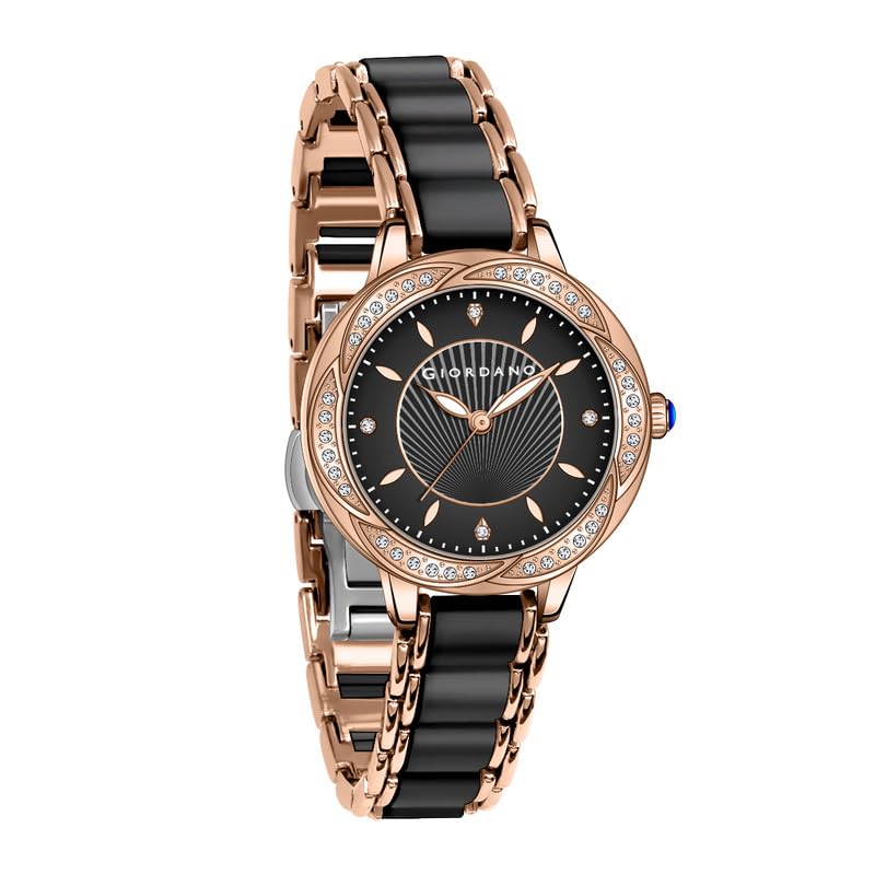 Image of Giordano Flower Case Watch for Women with Crystal-Studded Bezel, Diamond Hour Markers & Dual Tone Stainless Steel Strap