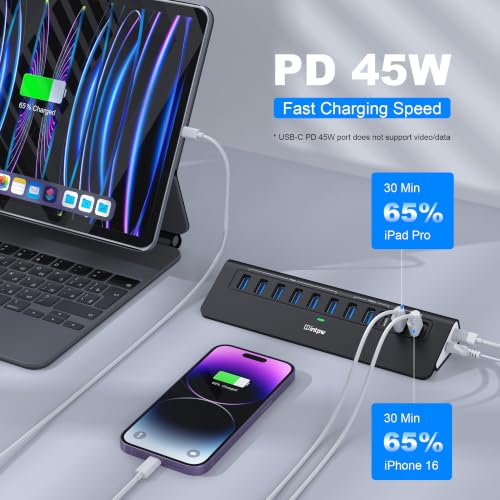 Image of Powered USB Hub 10Gbps, Intpw YH9AC Plus 13-Port USB 3.2 Hub(USB A /USB C 3.2+6 USB-A 3.0+2 PD 45W Fast Charging Ports+SD /TF Card Reader), 65W Power Adapter,Aluminum USB HUB for PC,Laptop,iPhone 17 /16