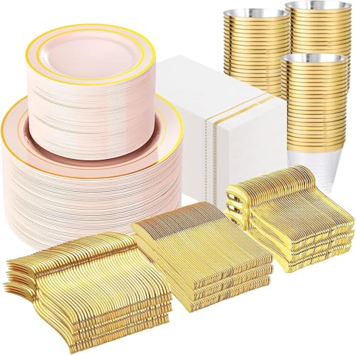 GATHER 700PCS Pink Plastic Plates - Gold Rim Disposable Plastic Dinnerware Set Include 200 Pink Plates 300 Silverware 100 Napkins 100 Cups for Party & Wedding & Baby Shower