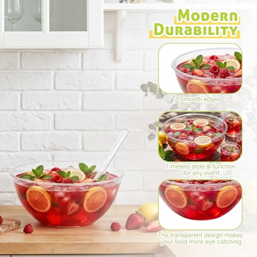 Ferrochef 2 Pcs Plastic Punch Bowl with Ladle Quality Large Clear Round Punch Bowl with Ladle for Summer Holidays Parties Serving Salads Snack Candy Chips