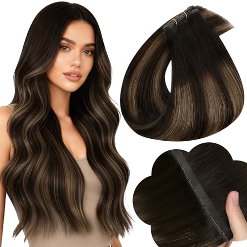 Image of Full Shine Butterfly Weft Hair Extensions 20 Inch 50G for Women | Balayage Dark Brown with Ash Brown Highlights, Double Layered PU Hole Weft, One Piece Volume, Natural Daily Wear