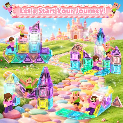 Magnetic Tiles 50pcs Light Up Travel Magnetic Tiles with 2 Magnetic Action Figures Playset, Magnet Tiles Set in Storage Tin Box, STEM Toy Gift for Kids Ages 4-8 - Image 4