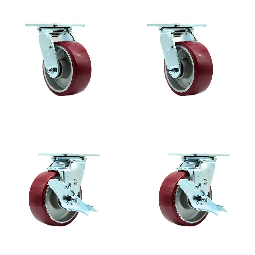 Stainless Steel Heavy Duty Swivel Caster Set of 4 with 5 Inch Polyurethane on Aluminum Wheels and Ball Bearings-Includes 2 Swivel with Brakes and 2 Swivel-3,600lbs. Total Capacity-Service Caster Brand