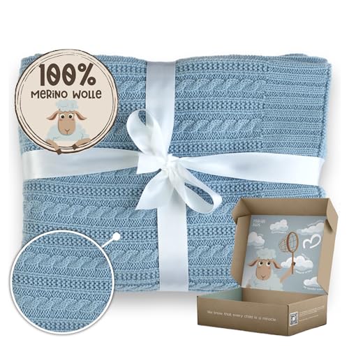MIRARI Kids Babydecke, gestrickt, 100 Merinowolle, Strickdecke, 75 x 100 cm, warme Decke, Hellblau