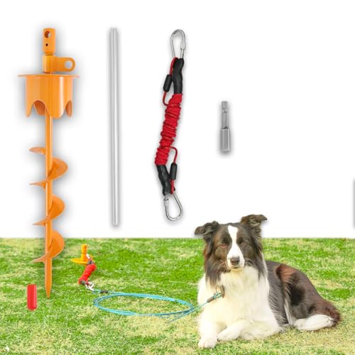 Tyalez Dog Stakes for Outside Heavy Duty Hold up to 350Lbs Large Dogs Tie Out Tether Leash Chain for Yard Screw in Ground Anchors Set 17 inch with Buffer Rope