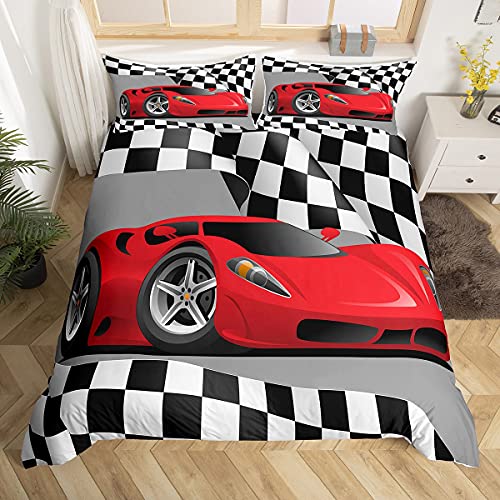 Juego de Ropa de Cama de Coche Deportivo Rojo para Coches de Carreras para niños, Funda de edredón de Carreras y Ropa de Cama de Cama y Lino en Blanco y Negro con Rejilla y Lino tamaño Individual