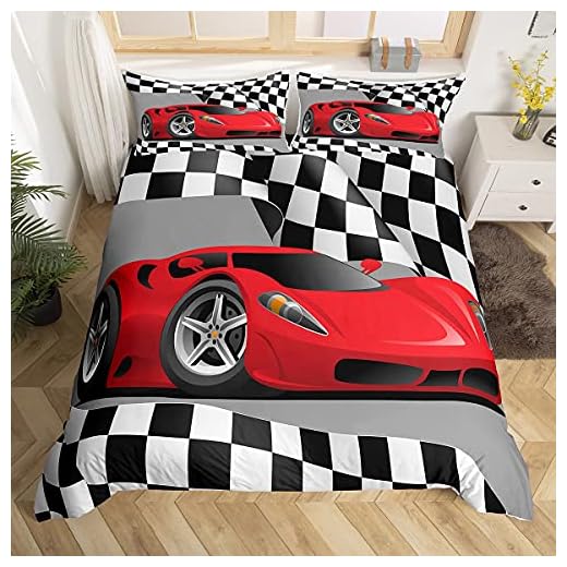 Juego de Ropa de Cama de Coche Deportivo Rojo para Coches de Carreras para niños, Funda de edredón de Carreras y Ropa de Cama de Cama y Lino en Blanco y Negro con Rejilla y Lino tamaño Individual